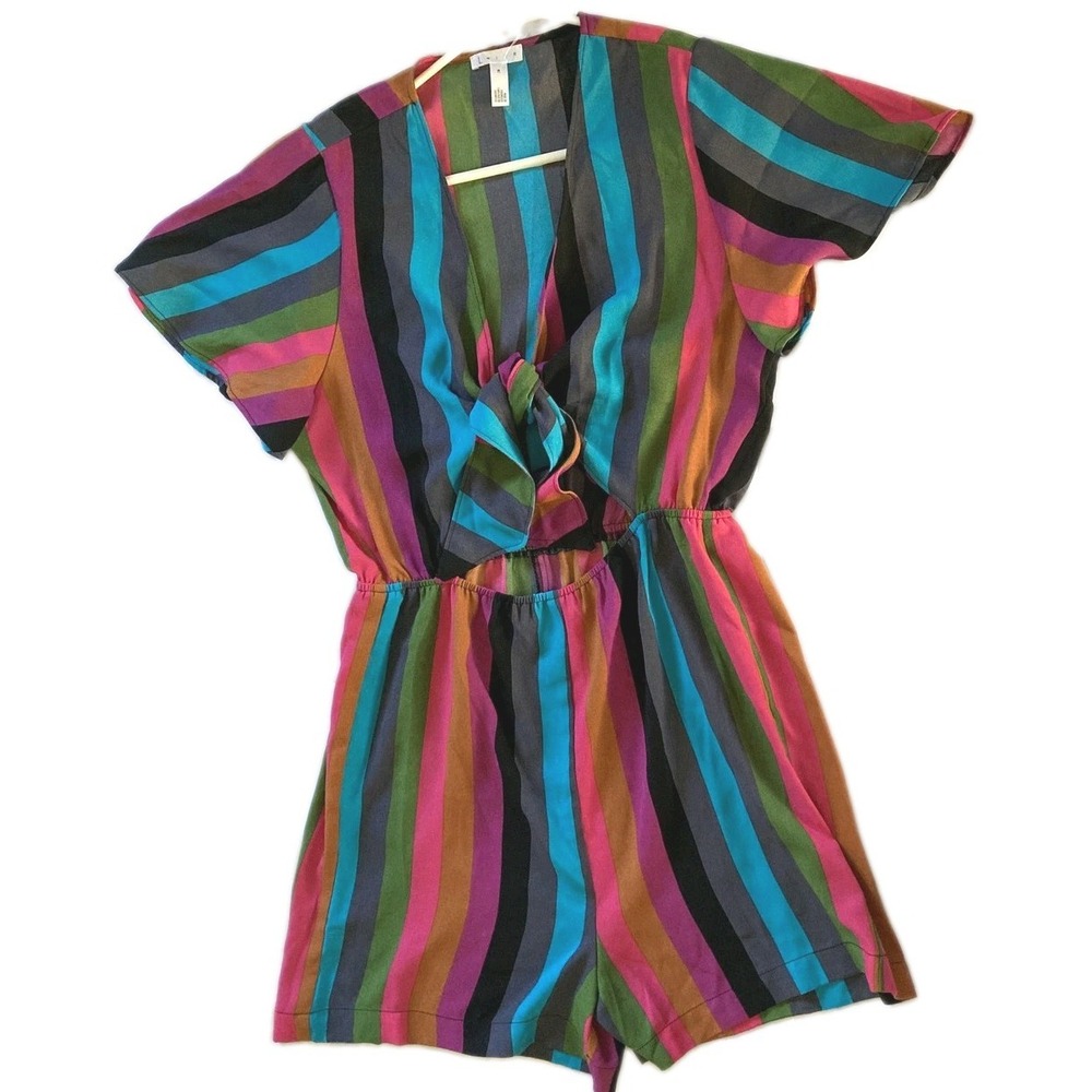 Leith Romper Womens M Rainbow Stripe Tie Front Short Sleeve V Neck EUC